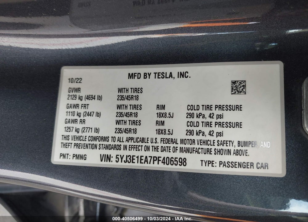 2023 TESLA MODEL 3 REAR-WHEEL DRIVE VIN: 5YJ3E1EA7PF406598