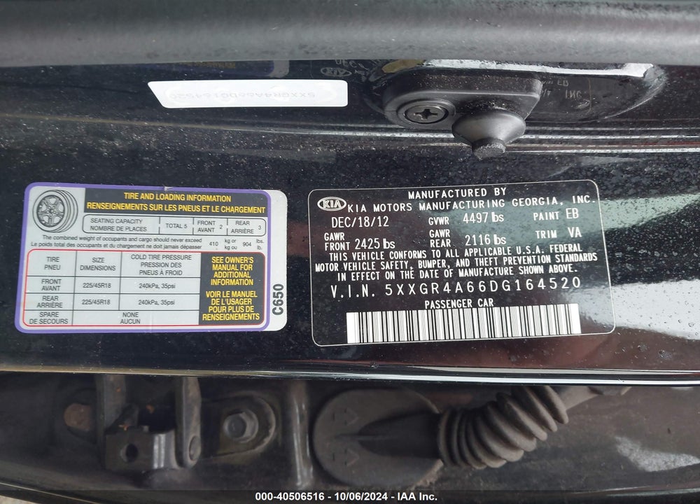 2013 KIA OPTIMA SX VIN: 5XXGR4A66DG164520