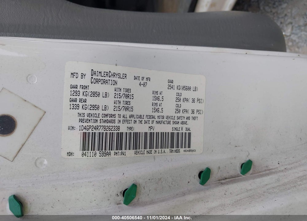 2007 DODGE GRAND CARAVAN SE VIN: 1D4GP24R77B262338