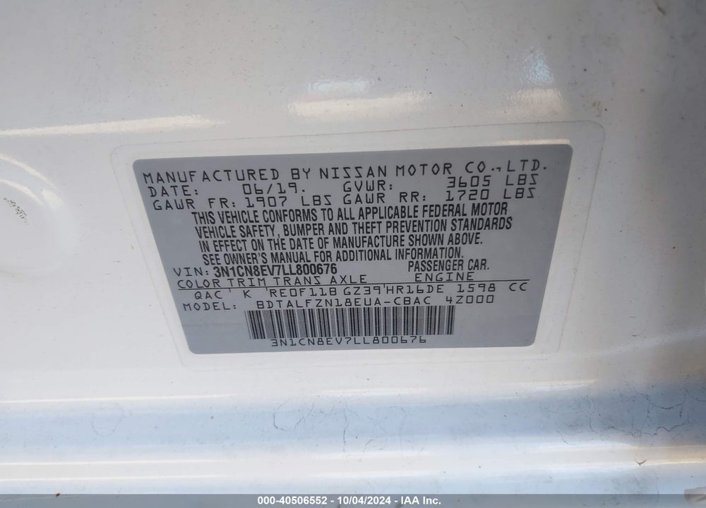 2020 NISSAN VERSA SV XTRONIC CVT VIN: 3N1CN8EV7LL800676