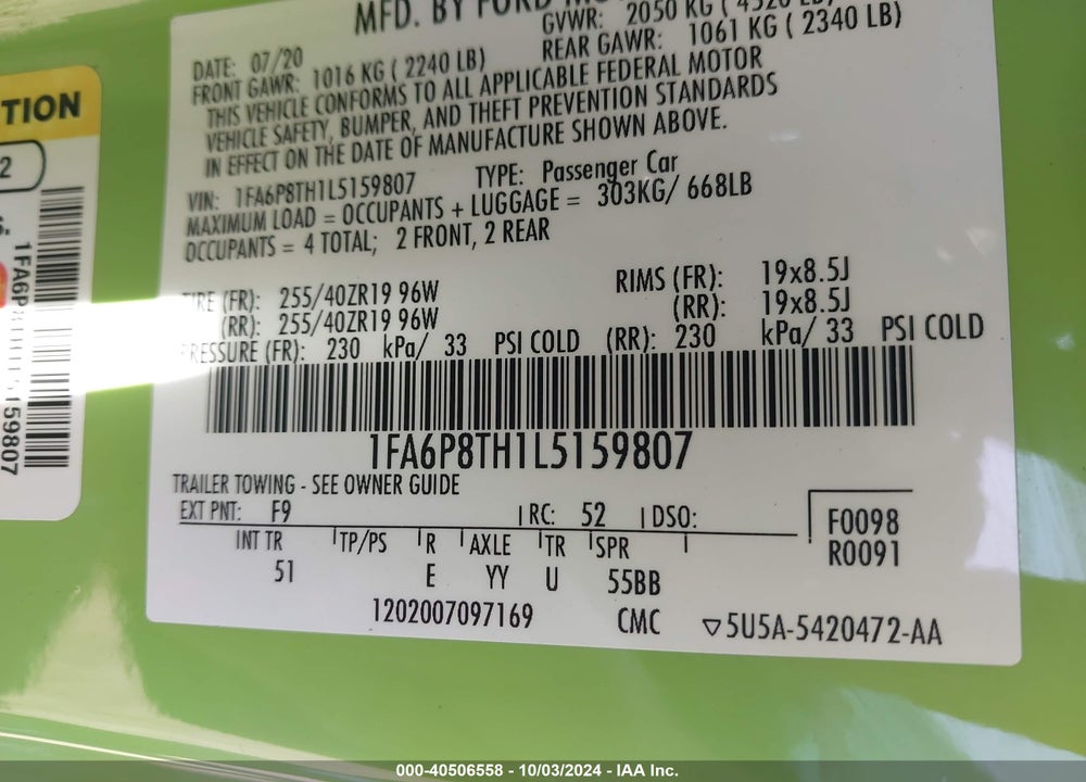 2020 FORD MUSTANG ECOBOOST PREMIUM VIN: 1FA6P8TH1L5159807
