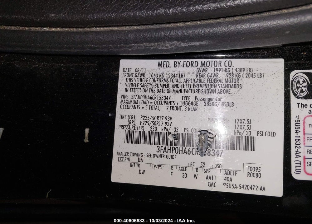2012 FORD FUSION SE VIN: 3FAHP0HA6CR158347