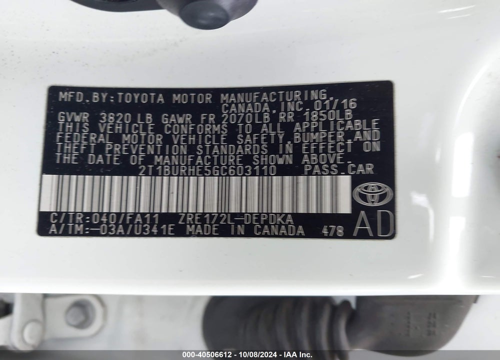 2016 TOYOTA COROLLA L VIN: 2T1BURHE5GC603110
