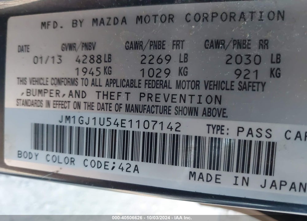 2014 MAZDA 6 I SPORT VIN: JM1GJ1U54E1107142