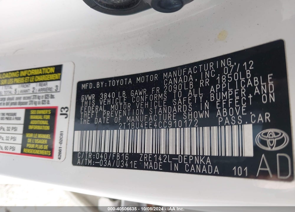 2012 TOYOTA COROLLA LE VIN: 2T1BU4EE4CC910172