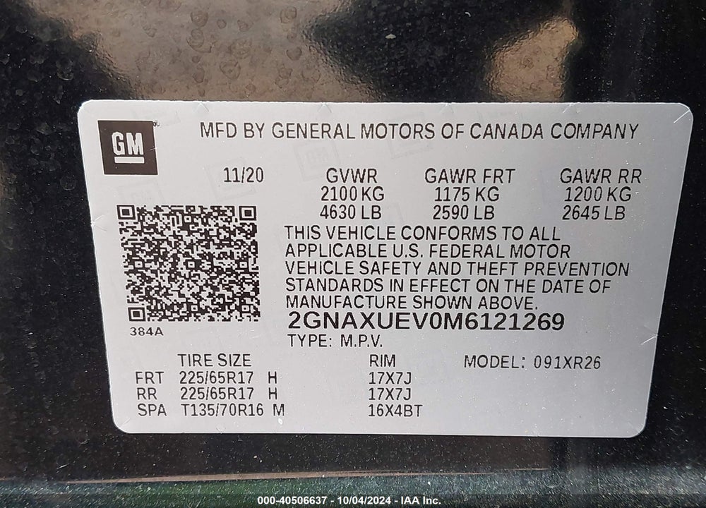 2021 CHEVROLET EQUINOX AWD LT VIN: 2GNAXUEV0M6121269