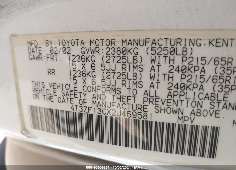 2002 TOYOTA SIENNA LE VIN: 4T3ZF13CX2U469581