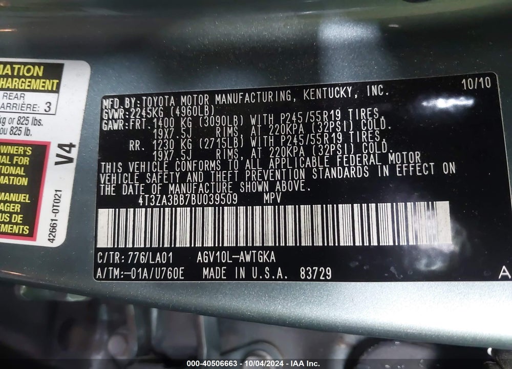 2011 TOYOTA VENZA VIN: 4T3ZA3BB7BU039509