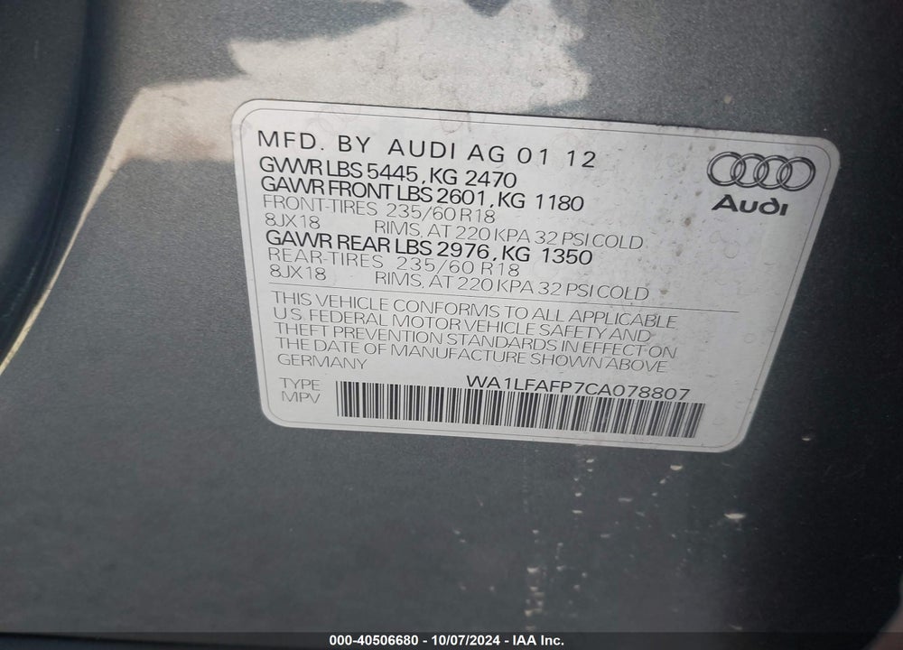 2012 AUDI Q5 2.0T PREMIUM VIN: WA1LFAFP7CA078807
