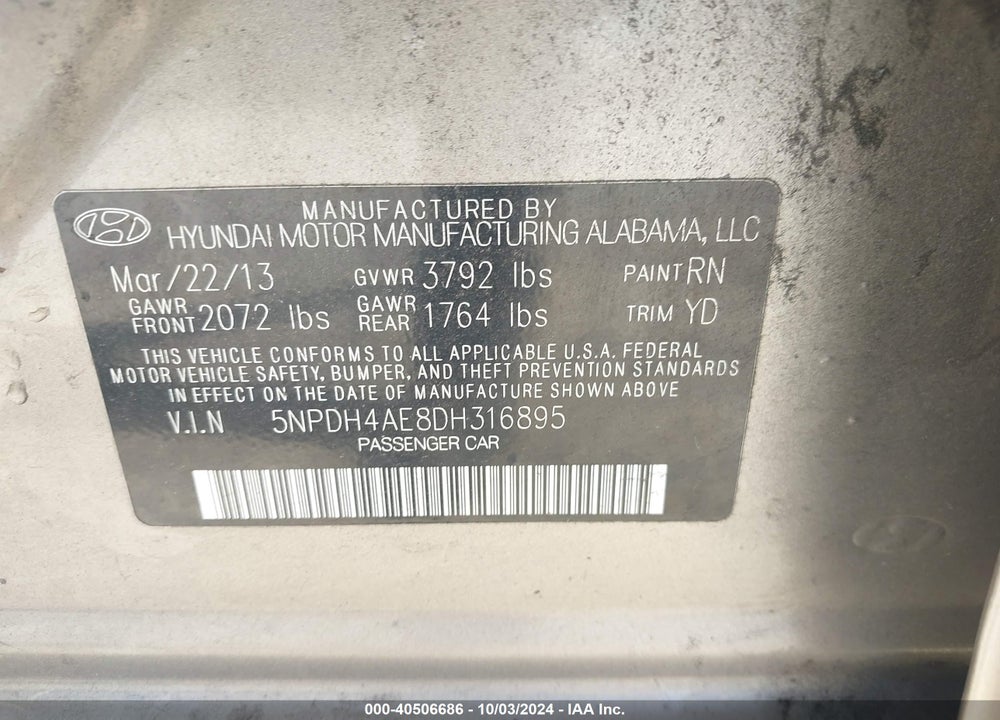 2013 HYUNDAI ELANTRA GLS VIN: 5NPDH4AE8DH316895