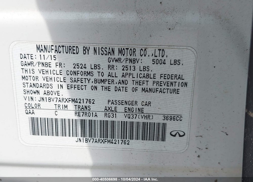 2015 INFINITI Q50 PREMIUM VIN: JN1BV7ARXFM421762