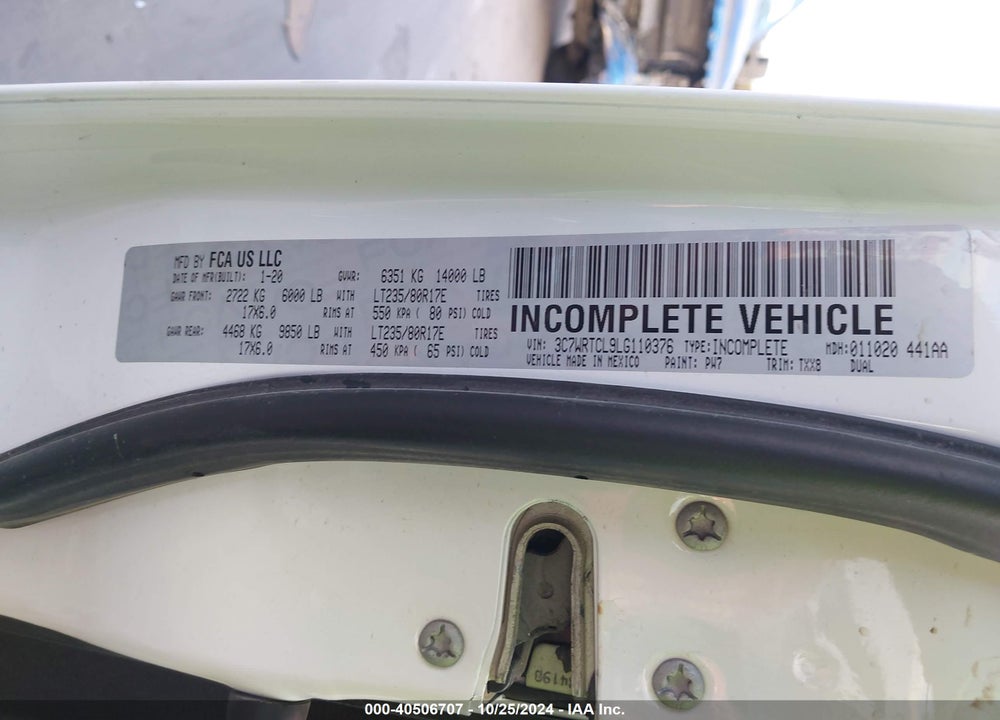 2020 RAM 3500 CHASSIS TRADESMAN/SLT/LAIE/LIMITED VIN: 3C7WRTCL9LG110376