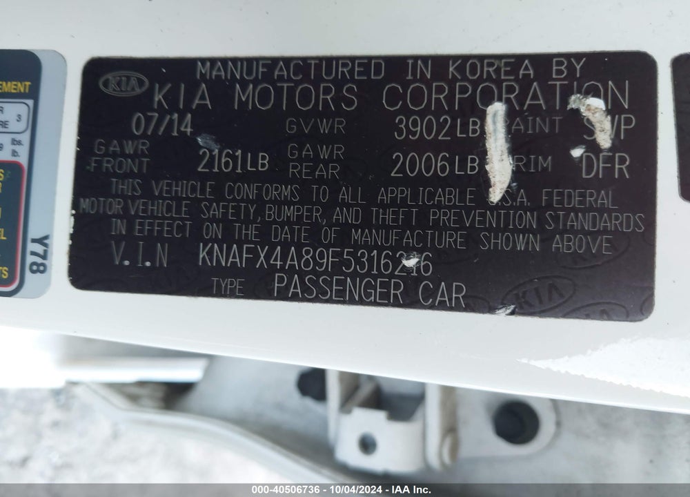 2015 KIA FORTE EX VIN: KNAFX4A89F5316216