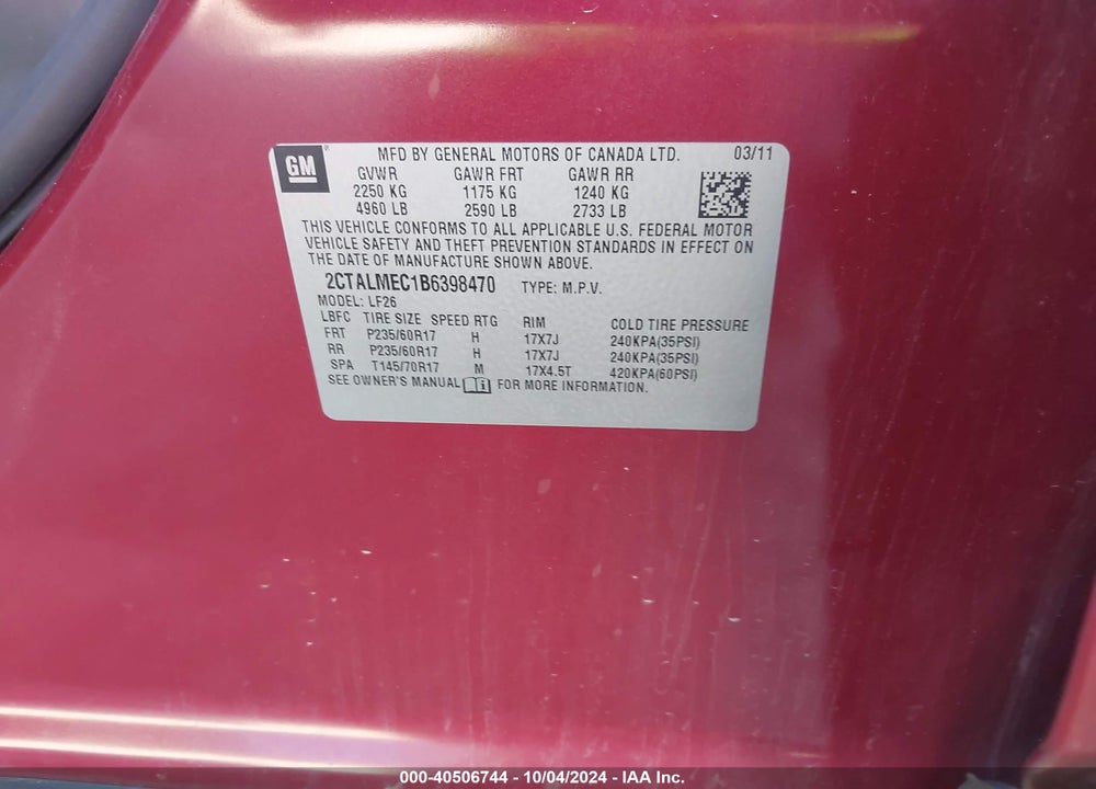 2011 GMC TERRAIN SLE-1 VIN: 2CTALMEC1B6398470