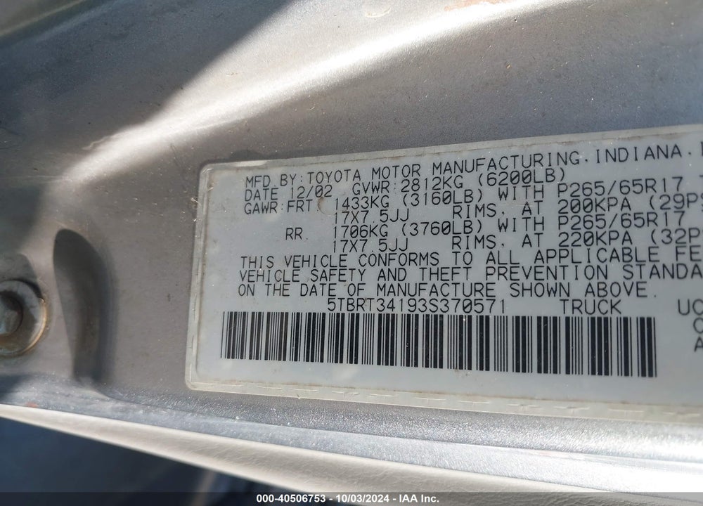 2003 TOYOTA TUNDRA SR5 V8 VIN: 5TBRT34193S370571