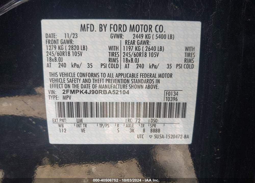 2024 FORD EDGE SEL VIN: 2FMPK4J90RBA52104