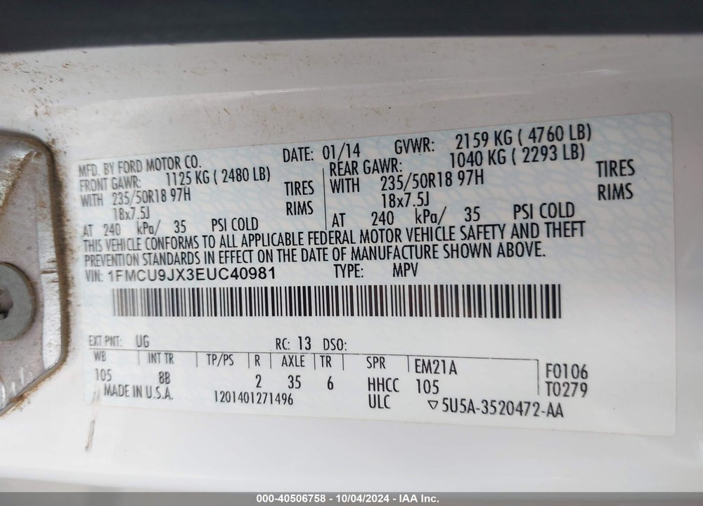 2014 FORD ESCAPE TITANIUM VIN: 1FMCU9JX3EUC40981