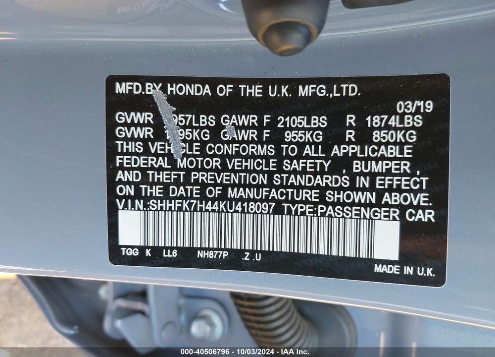 2019 HONDA CIVIC SPORT VIN: SHHFK7H44KU418097