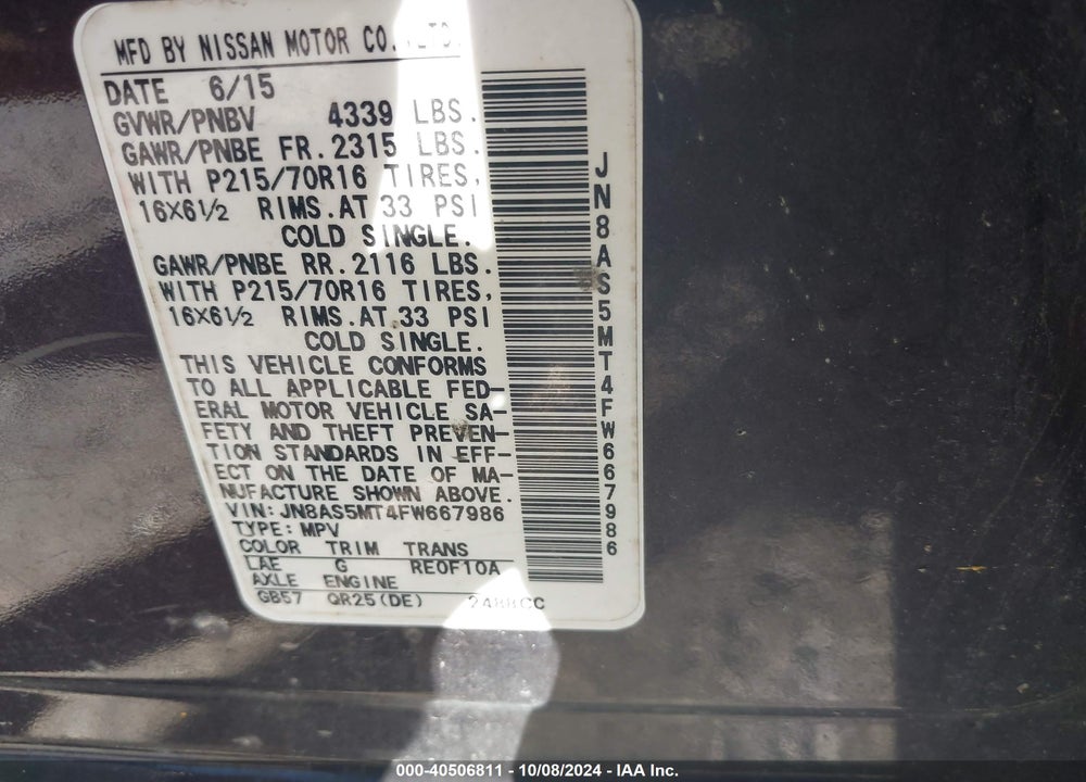 2015 NISSAN ROGUE SELECT S VIN: JN8AS5MT4FW667986