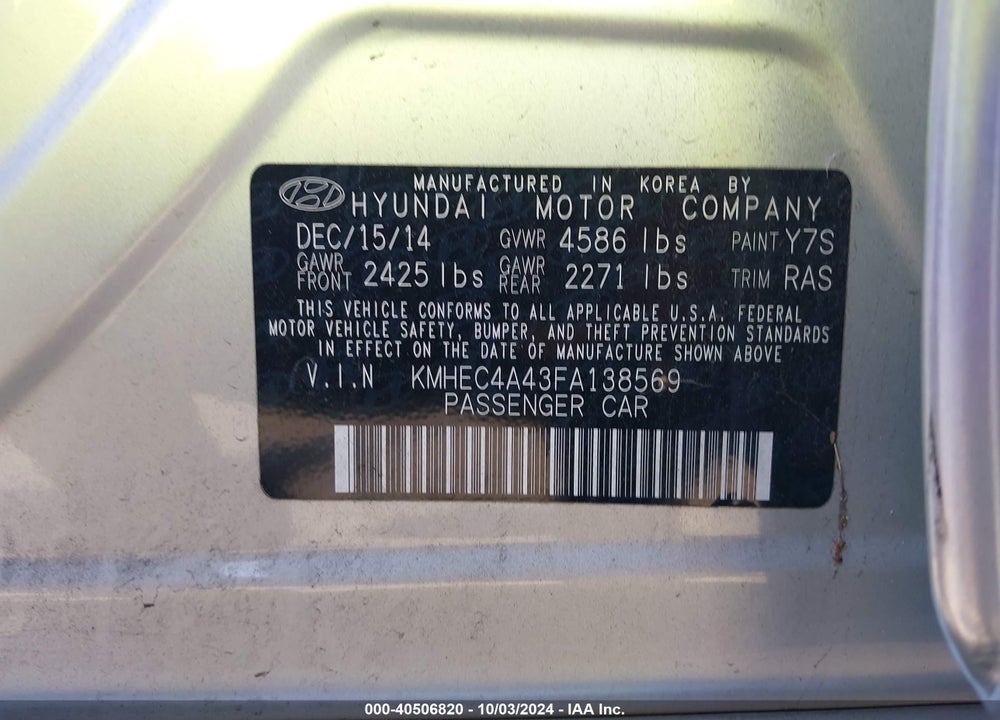 2015 HYUNDAI SONATA HYBRID VIN: KMHEC4A43FA138569