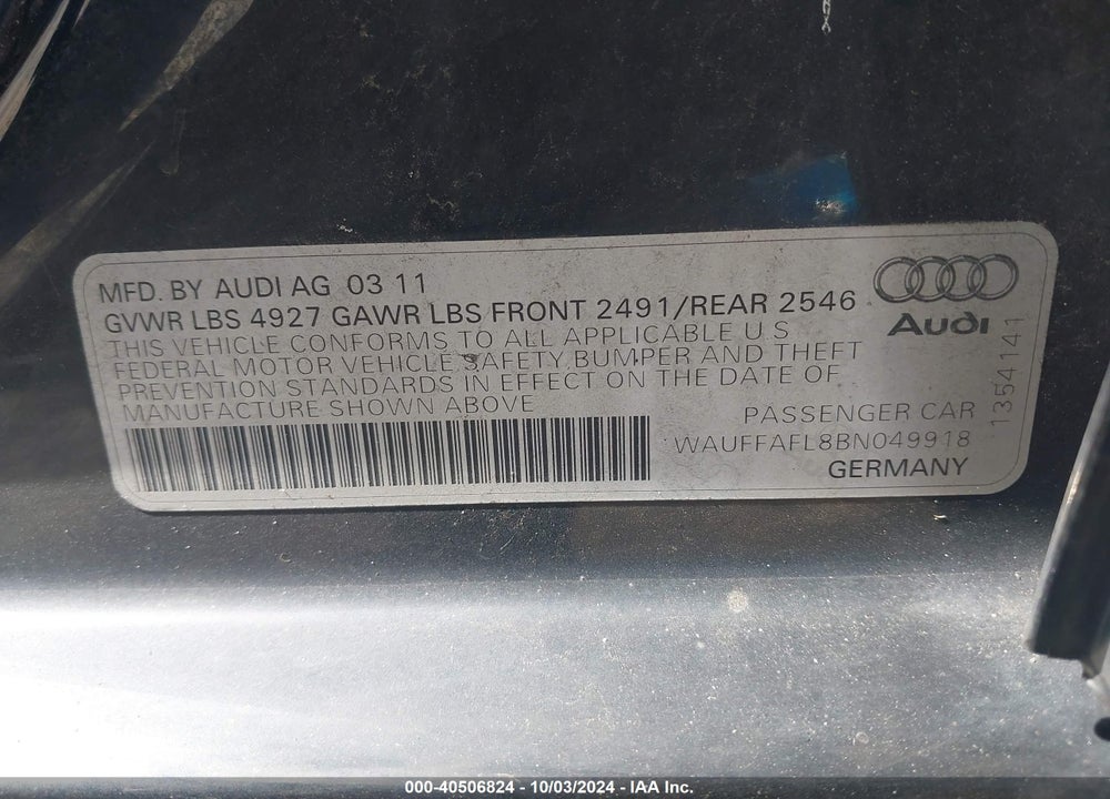 2011 AUDI A4 2.0T PREMIUM VIN: WAUFFAFL8BN049918