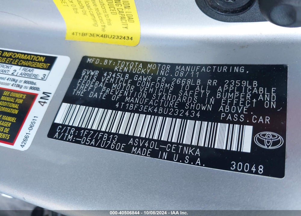 2011 TOYOTA CAMRY LE VIN: 4T1BF3EK4BU232434