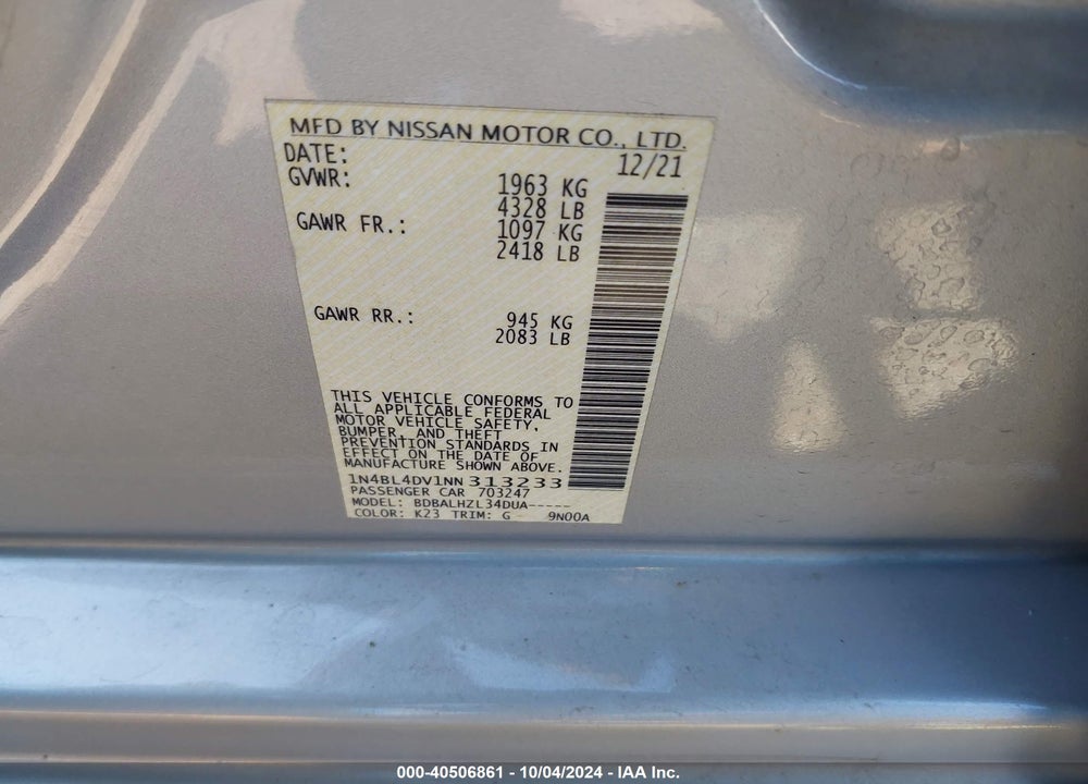 2022 NISSAN ALTIMA SV FWD VIN: 1N4BL4DV1NN313233
