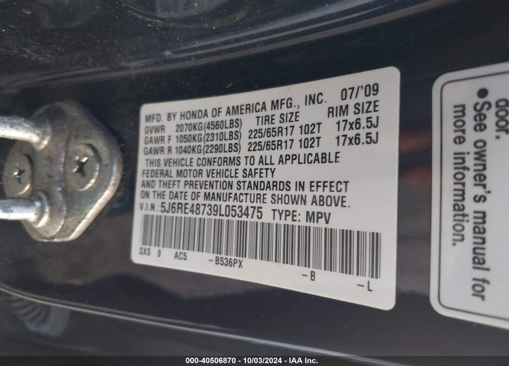 2009 HONDA CR-V EX-L VIN: 5J6RE48739L053475