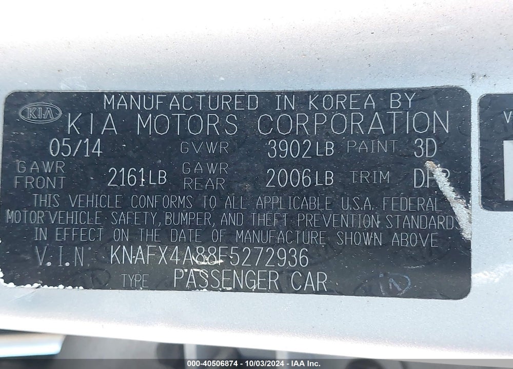 2015 KIA FORTE EX VIN: KNAFX4A88F5272936