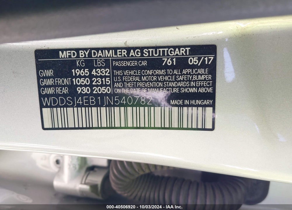 2018 MERCEDES-BENZ CLA 250 VIN: WDDSJ4EB1JN540782