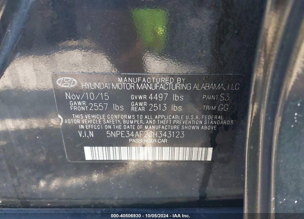 2016 HYUNDAI SONATA SPORT VIN: 5NPE34AF2GH343123
