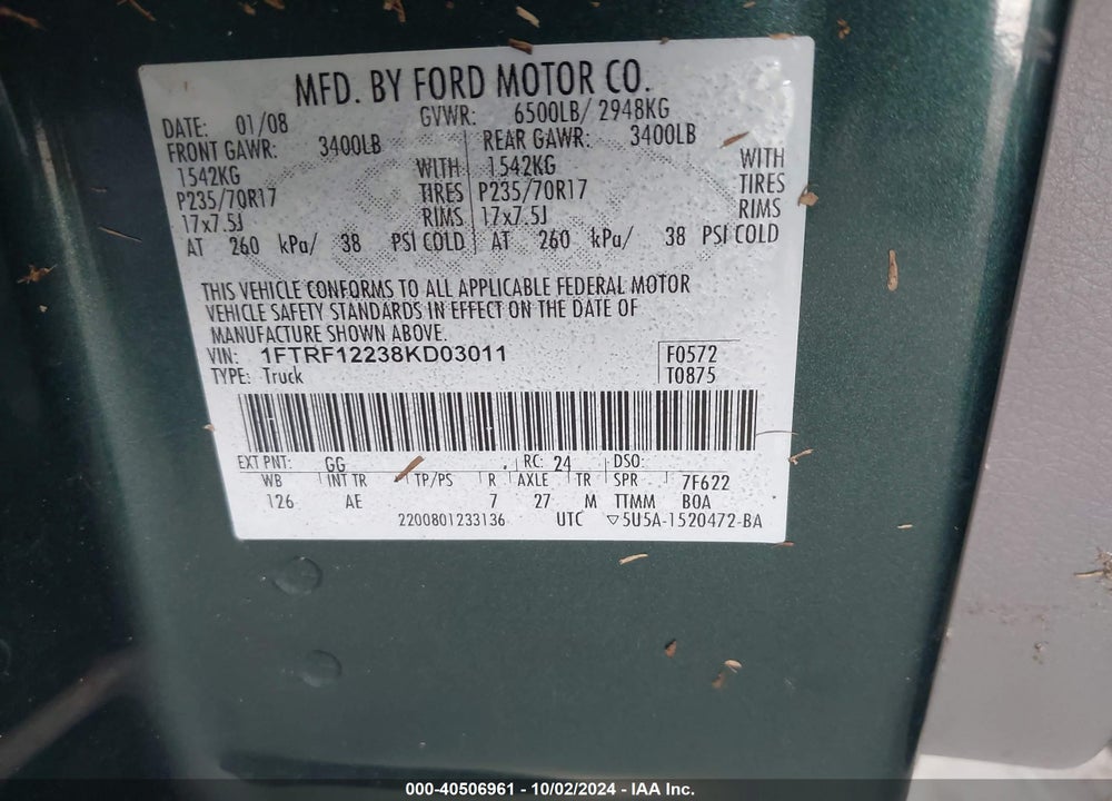 2008 FORD F-150 STX/XL/XLT VIN: 1FTRF12238KD03011