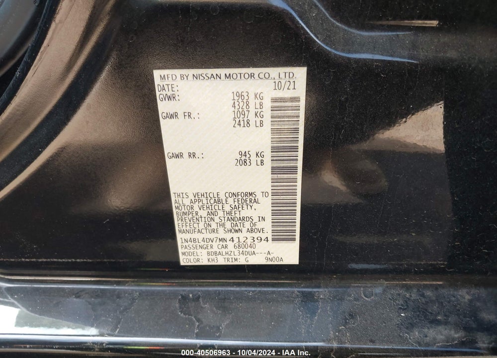 2021 NISSAN ALTIMA SV FWD VIN: 1N4BL4DV7MN412394