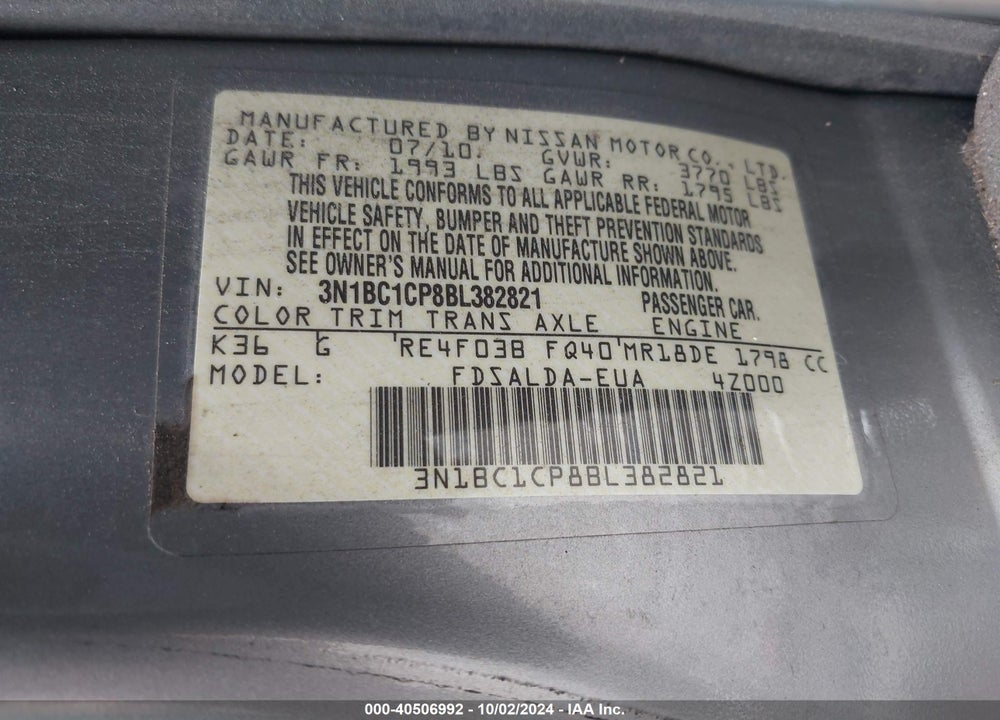 2011 NISSAN VERSA 1.8S VIN: 3N1BC1CP8BL382821