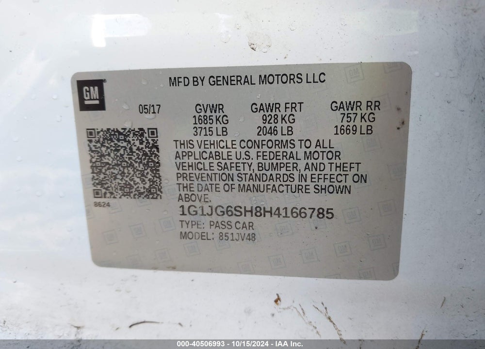 2017 CHEVROLET SONIC VIN: 1G1JG6SH8H4166785
