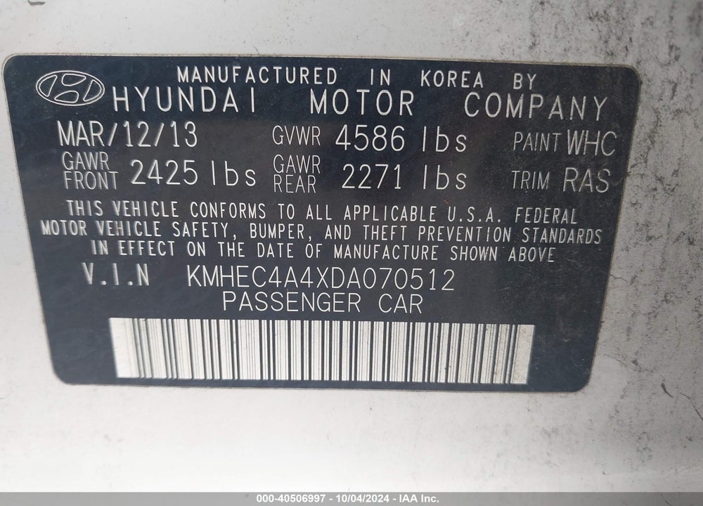 2013 HYUNDAI SONATA HYBRID VIN: KMHEC4A4XDA070512
