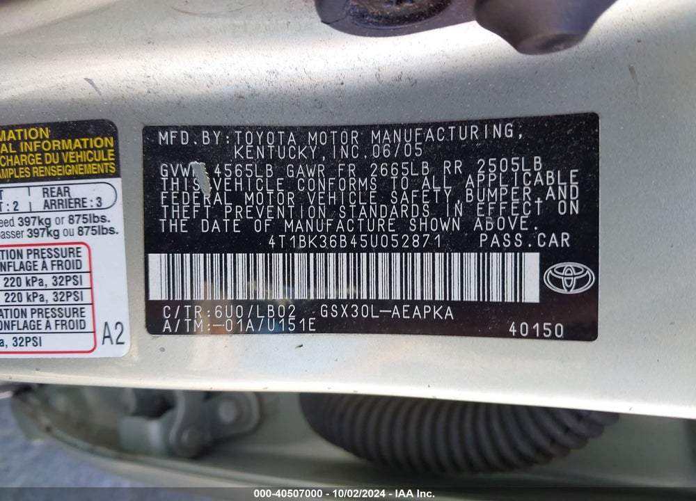 2005 TOYOTA AVALON LIMITED VIN: 4T1BK36B45U052871