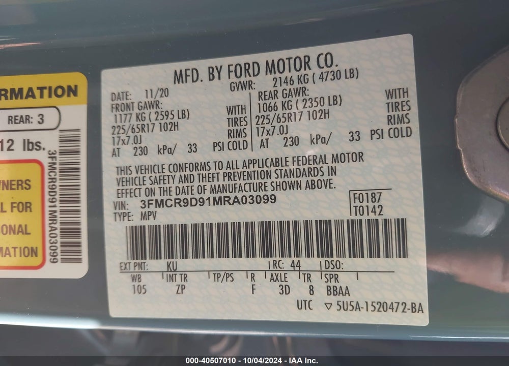 2021 FORD BRONCO SPORT BADLANDS VIN: 3FMCR9D91MRA03099