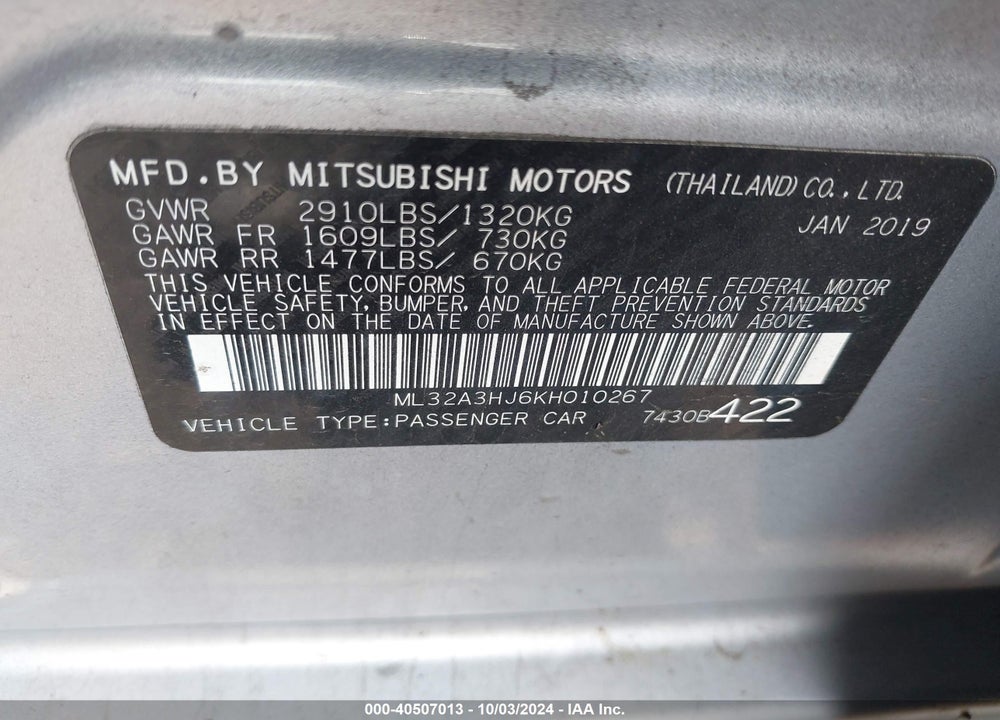 2019 MITSUBISHI MIRAGE ES VIN: ML32A3HJ6KH010267