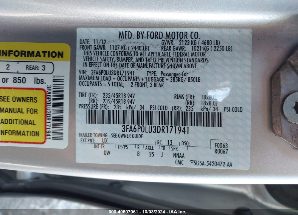 2013 FORD FUSION HYBRID SE VIN: 3FA6P0LU3DR171941