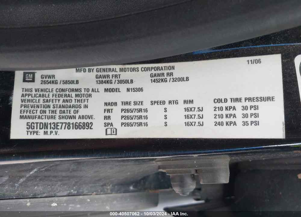 2007 HUMMER H3 SUV VIN: 5GTDN13E778166892