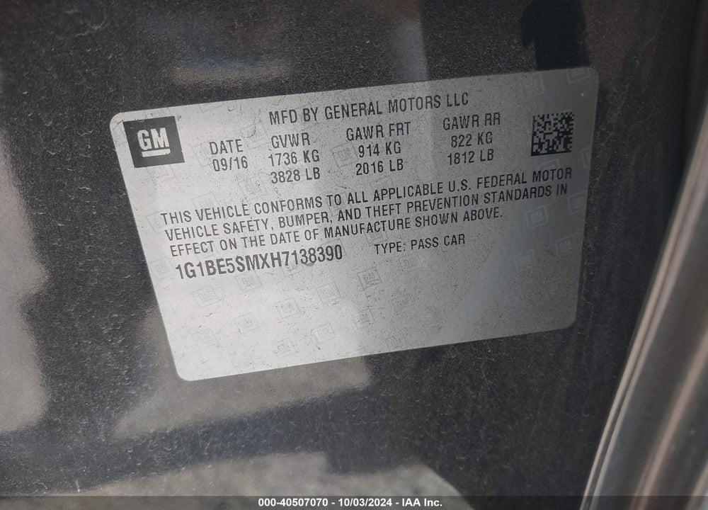 2017 CHEVROLET CRUZE LT AUTO VIN: 1G1BE5SMXH7138390