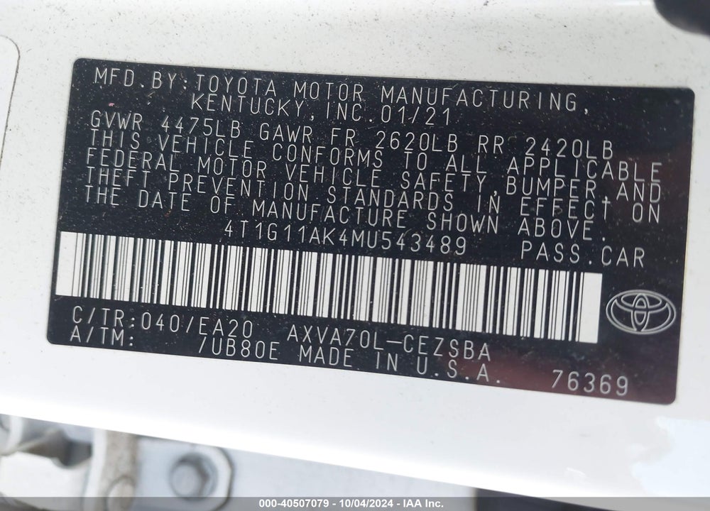 2021 TOYOTA CAMRY SE VIN: 4T1G11AK4MU543489