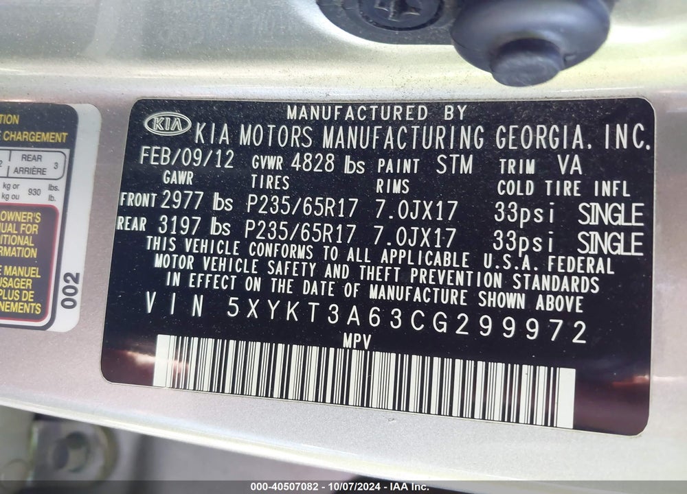 2012 KIA SORENTO LX VIN: 5XYKT3A63CG299972