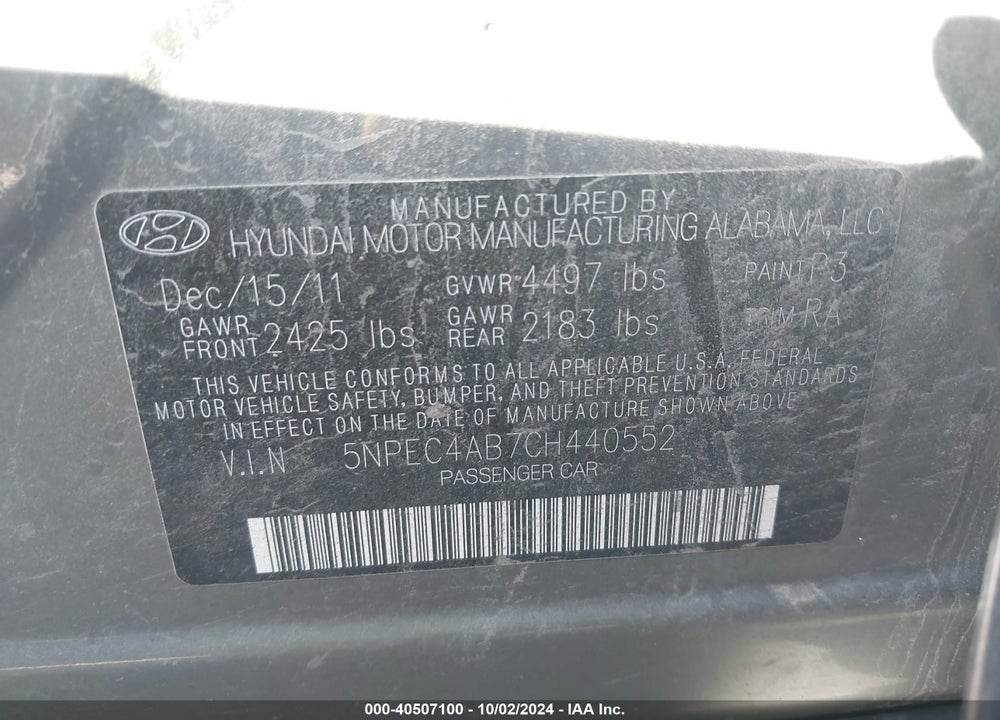 2012 HYUNDAI SONATA LIMITED 2.0T VIN: 5NPEC4AB7CH440552