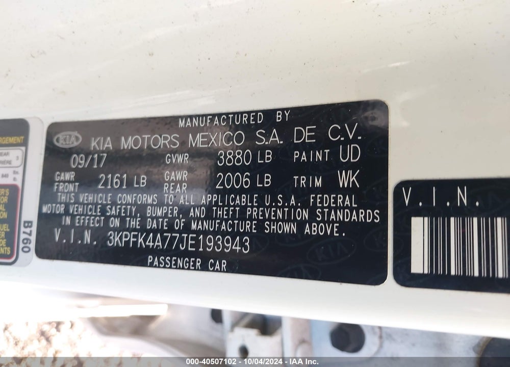 2018 KIA FORTE LX VIN: 3KPFK4A77JE193943