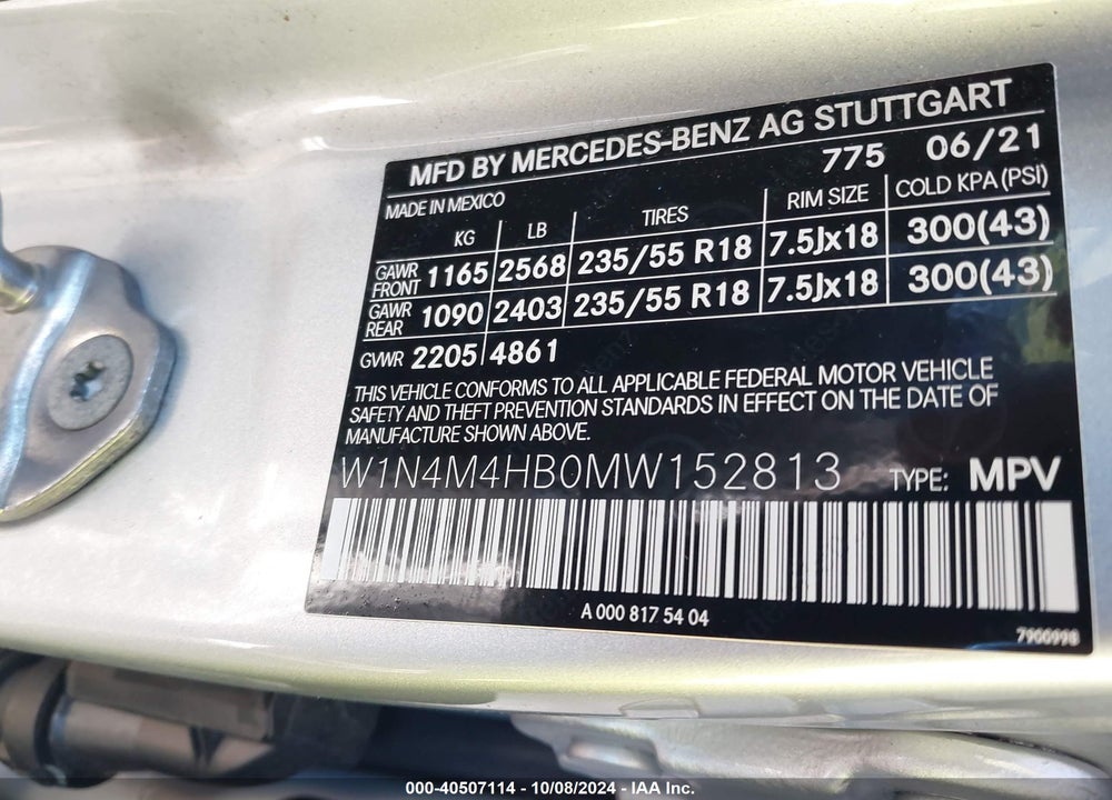 2021 MERCEDES-BENZ GLB 250 4MATIC VIN: W1N4M4HB0MW152813