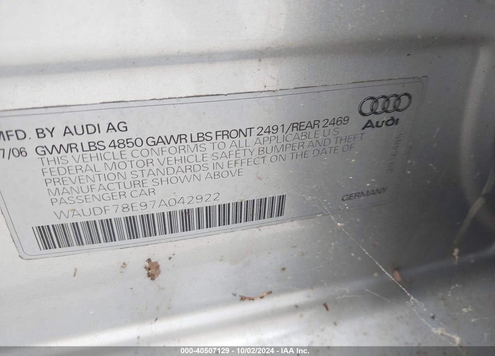 2007 AUDI A4 2.0T VIN: WAUDF78E97A042922