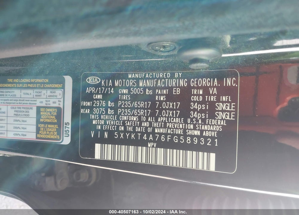 2015 KIA SORENTO LX V6 VIN: 5XYKT4A76FG589321