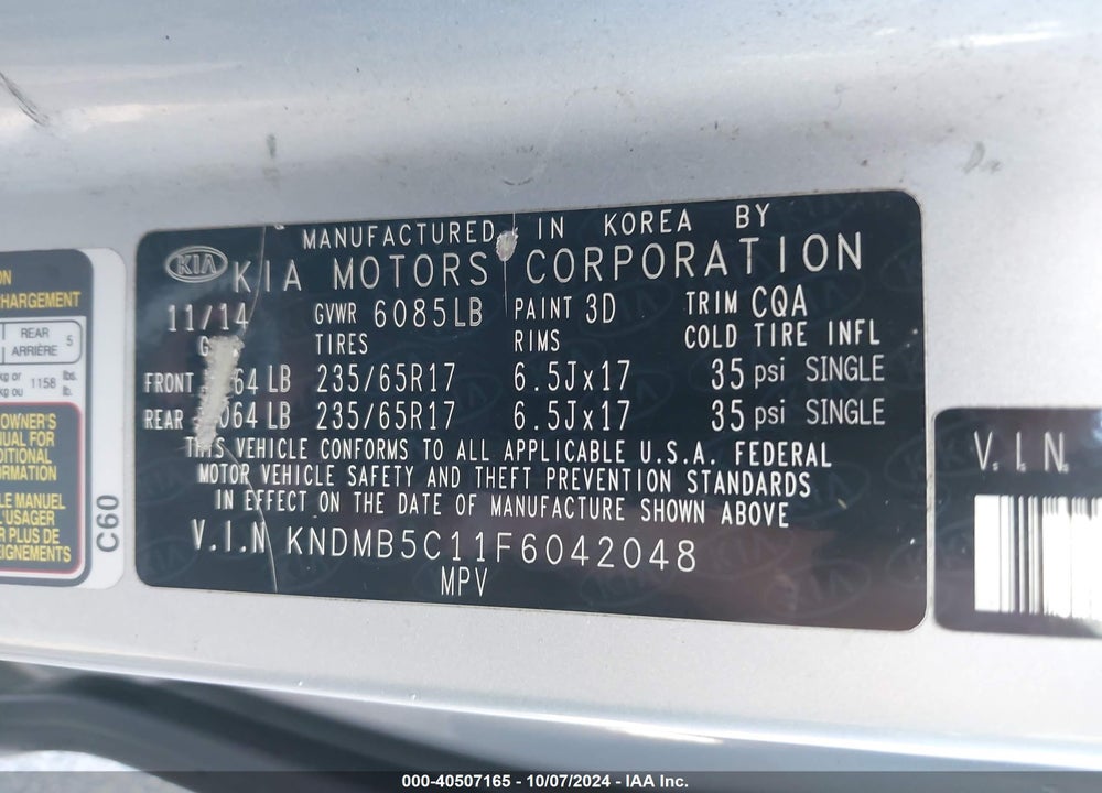 2015 KIA SEDONA LX VIN: KNDMB5C11F6042048